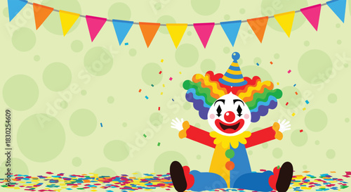 A joyful clown with a colorful wig and hat sits on a floor full of confetti under festive bunting flags, celebrating a party.