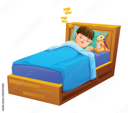 Happy young boy sleeping soundly in his bed, with a cute toy dinosaur under a blue blanket. Vector cartoon illustration