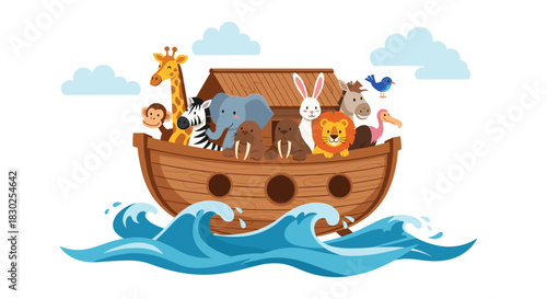 Colorful cartoon Noah's Ark on water, filled with a happy assortment of animals including a giraffe, elephant, lion, and zebra, under a cloudy sky.