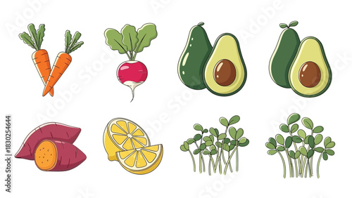 Fresh and Healthy Vegetable and Fruit Collection with Carrots Radishes Avocados Sweet Potatoes Lemons and Microgreens.