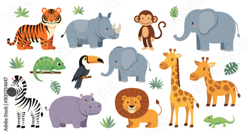 Cute cartoon safari and jungle animal characters, including elephants, lions, tigers, giraffes, and monkeys, with green leaves.