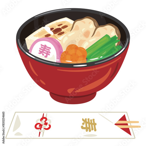 お椀に入った牡蠣雑煮のイラスト／Illustration of Oyster Zoni Soup Served in a Bowl
