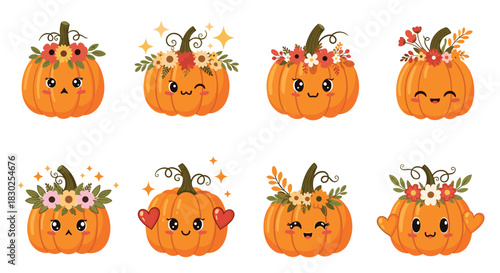 Eight adorable kawaii pumpkins with various facial expressions and delightful floral autumn decorations, isolated on a white background.
