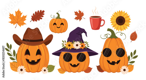 A cheerful collection of cartoon Halloween pumpkins dressed in cowboy and witch hats with sunglasses, surrounded by autumn leaves and fall elements.