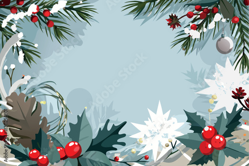 Festive christmas border with evergreen branches holly berries and snowflakes on a light blue background