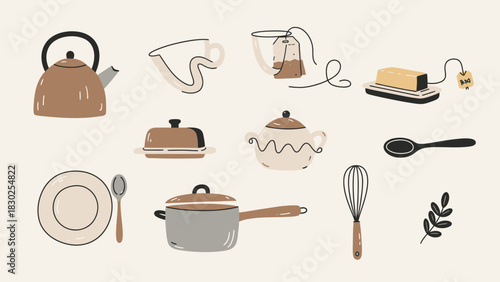 Hand drawn collection of various kitchenware and cooking utensils.