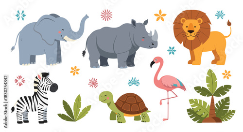 Cute cartoon safari animals set: elephant, lion, rhino, zebra, flamingo, turtle, tropical plants, and colorful decorative flowers.