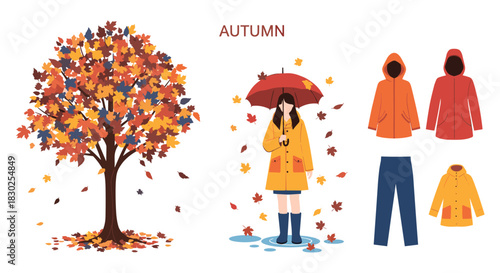 Autumn flat vector illustration featuring a tree with colorful leaves, a woman in a raincoat with an umbrella, and seasonal apparel.