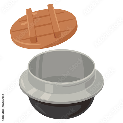 木製蓋付きの空っぽの釜飯用釜のイラスト／ Illustration of an Empty Kamameshi Pot with Wooden Lid
