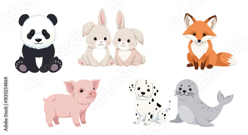 Adorable collection of cartoon baby animals, featuring a panda, two bunnies, a fox, a pig, a dalmatian puppy, and a curious seal, on white.