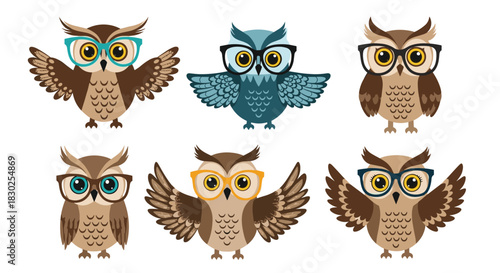 A collection of six cute cartoon owls wearing various styles and colors of glasses, perfect for educational or whimsical designs.