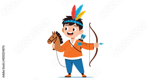A cheerful cartoon boy in a Native American-inspired costume, holding a stick horse and aiming a toy bow and arrow, embodying imaginative play.