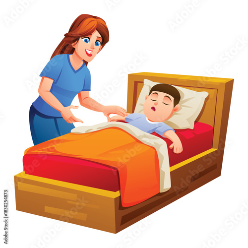 Mother gently tending to her young boy sleeping soundly in his bed under an orange blanket. Vector cartoon illustration