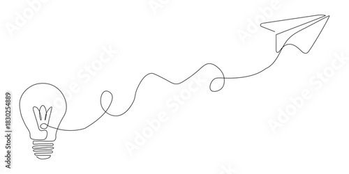 Creative Vision and Innovation Concept with Light Bulb and Paper Airplane in Continuous Line Art Style Depicting New Ideas and Imaginations