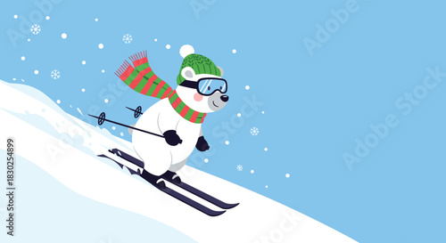 A cheerful cartoon polar bear, dressed in a green beanie, striped scarf, and ski goggles, enjoys skiing down a snowy slope.