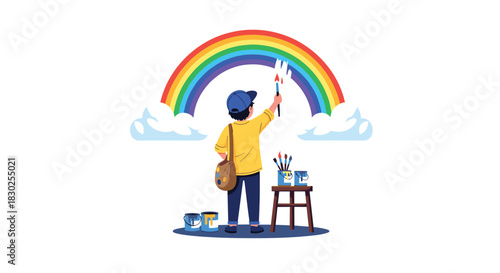 A young boy with a cap and a messenger bag paints a vibrant rainbow in the sky, surrounded by clouds and art supplies.