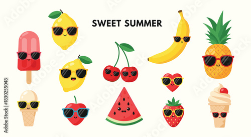 Cute cartoon fruits and summer treats wearing sunglasses, celebrating a sweet and refreshing summer season.