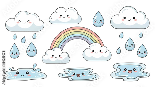 Cute Cartoon Clouds Rainbow Raindrops and Puddles Illustration.