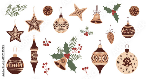 A charming collection of rustic hand-drawn Christmas ornaments and festive natural elements on a white background.
