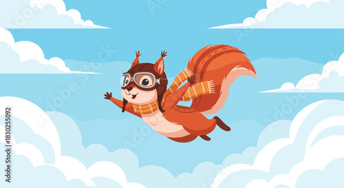 A cheerful cartoon squirrel, wearing a pilot's cap, goggles, and a striped scarf, soaring through a vibrant blue sky dotted with white clouds.