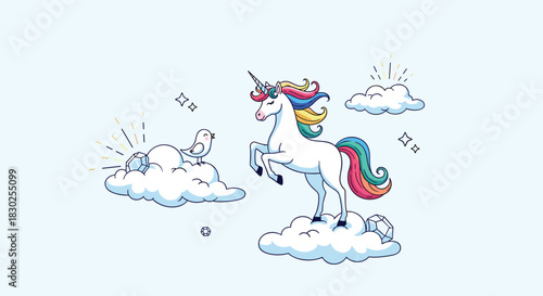 A whimsical unicorn with a rainbow mane and tail stands on a cloud, a bird on another with a diamond, and clouds in a serene blue sky.