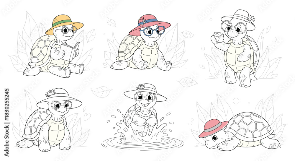 Obraz premium Cute cartoon turtles in a set of six poses, each wearing a stylish hat and displaying different charming expressions.