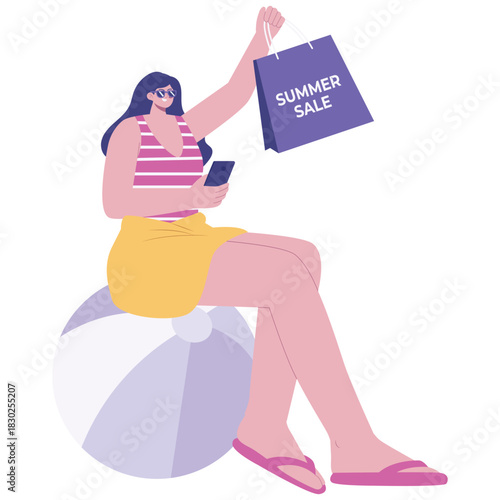Summer Sale Illustration. Vector illustration of Woman on beach ball holding summer sale bag and smartphone, online shopping and seasonal promotion concept. Isolated on background