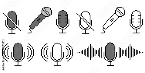 Set Pixel Microphone Icon Vector Ideal for gaming, voice recording, podcast, and communication graphics in a retro 8-bit style. Symbolizes voice input, audio recording, and communication.