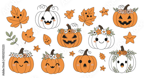 A charming collection of kawaii Halloween and autumn illustrations featuring cute pumpkins, grinning jack-o'-lanterns, and cheerful fall leaves.