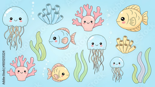 A cute collection of kawaii sea life illustrations featuring smiling jellyfish fish and coral.