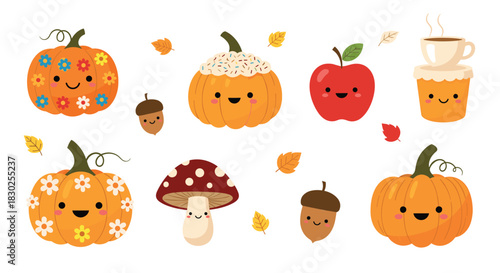 A charming collection of cute, smiling autumn elements including decorated pumpkins, acorns, leaves, an apple, a mushroom, and a warm drink.