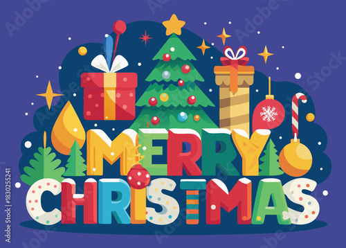Festive Merry Christmas greeting with cheerful decorations, perfect for holiday promotions and seasonal cards, bringing joy and warmth to your designs