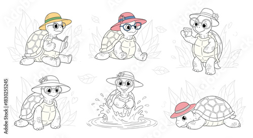 Cute cartoon turtles in a set of six poses, each wearing a stylish hat and displaying different charming expressions.