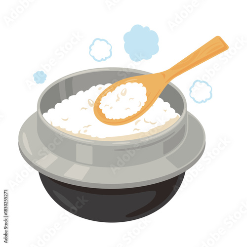 釜炊きご飯とご飯を掬うしゃもじのイラスト／Illustration of Rice Cooked in a Pot with a Rice Paddle