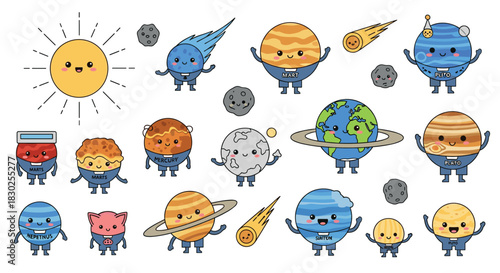 Adorable cartoon solar system characters featuring smiling sun, planets, moons, asteroids, and comets, for educational or decorative use.