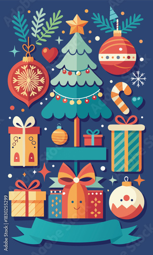 Festive Christmas spirit with ornaments, gifts, and a tree, perfect for holiday cheer and seasonal greetings, offering a warm, nostalgic feeling