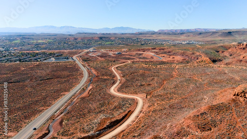 Aerial view of dirt road and highway in desert near Mesquite Nevada