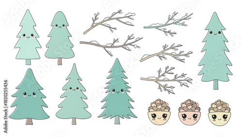 Kawaii winter forest character set with cute pine trees frosty branches and adorable acorn illustrations.