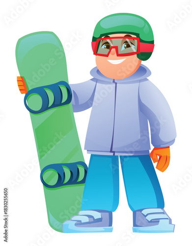 Little boy snowboarder wearing a helmet and goggles standing and holding a snowboard. Vector cartoon character illustration