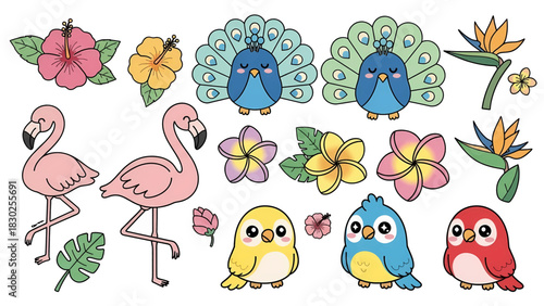 Cute cartoon tropical birds and flowers illustration set.