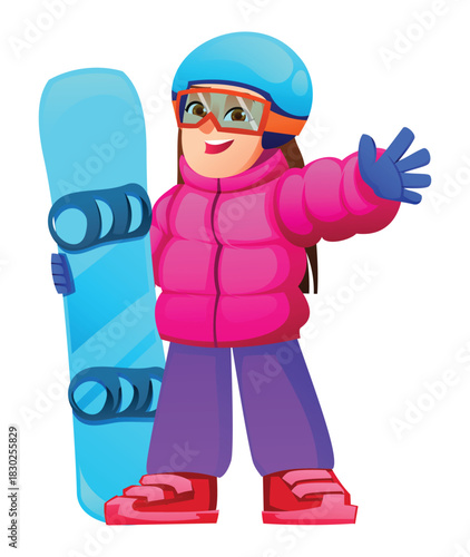 Girl snowboarder in a puffy jacket and helmet holding a board. Vector cartoon character illustration