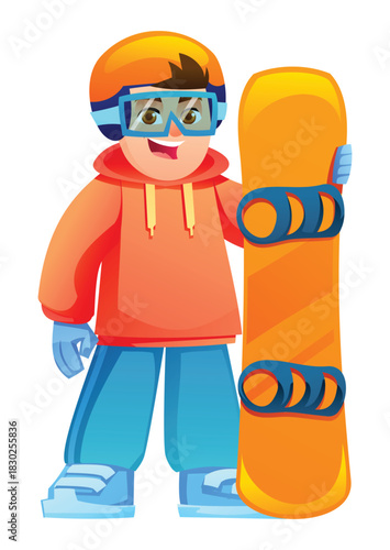 Young boy snowboarder standing and holding a snowboard isolated on white background. Vector cartoon character illustration