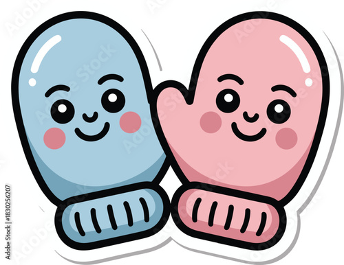 Cartoon style mittens design with cute smiling faces pink and blue colors