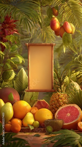 Vibrant tropical fruits arrangement with scroll in lush greenery