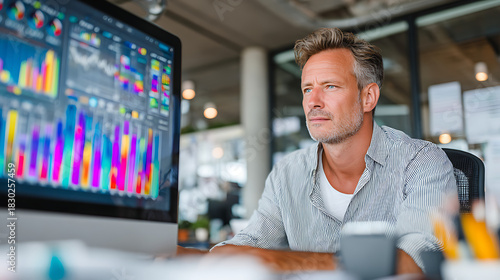 professional man studying colorful bar charts on computer screen in modern office environment representing data analysis business strategy financial reporting and workplace productivity