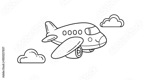 Cartoon airplane flying in the sky with clouds, outlined in black and white.
