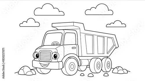 Cartoon dump truck illustration with a smiling face, shown in black and white outline with clouds in the background.