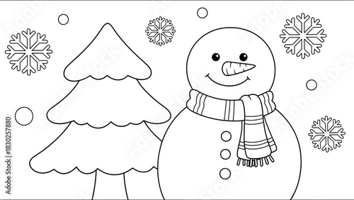 A black and white illustration of a snowman wearing a scarf next to a Christmas tree, surrounded by snowflakes and snow.