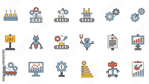 Collection of various industry and technology icons, depicting automation and production processes.