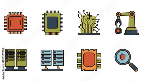 Set of eight colorful vector icons representing computer hardware and technology concepts.
